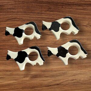 Set of 4 Ceramic Cow Napkin Rings Holders Black and White Farmhouse Decor